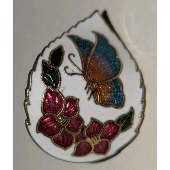 CLOISONNE BLUE BUTERRFLY & FLOWERS POST EARRINGS MULTICOLOR ENAMEL VINTAGE HTF - Picture 2 of 8